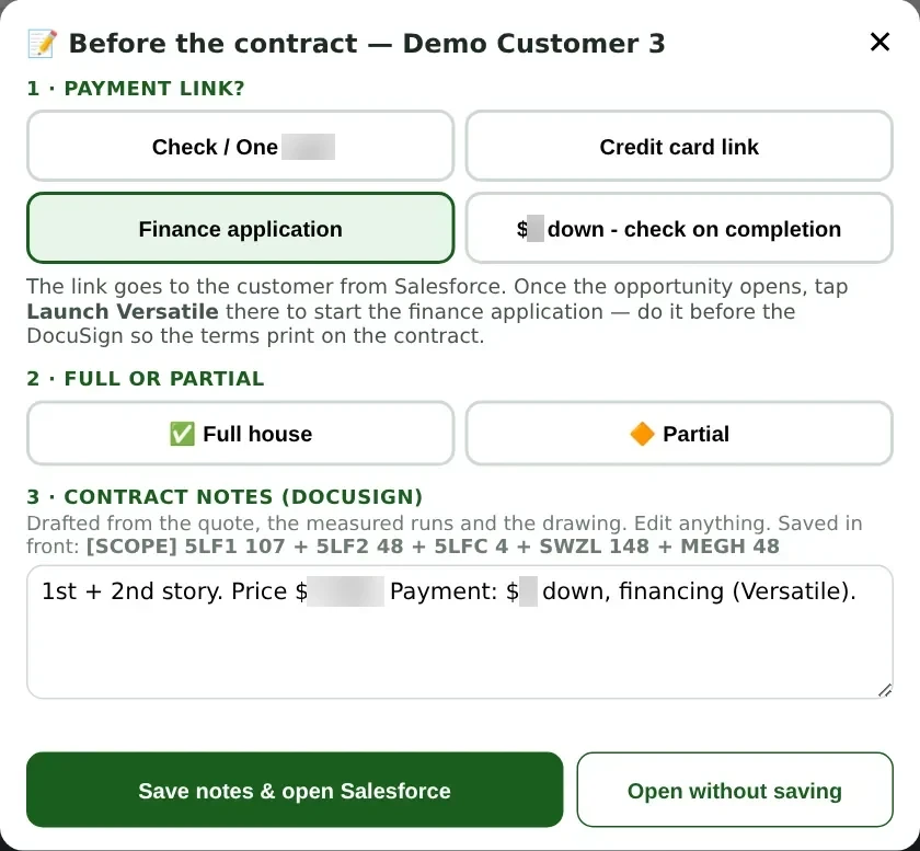 The Before the contract pop-up in the app: how the customer is paying, Full or Partial, and the contract notes drafted from the quote.