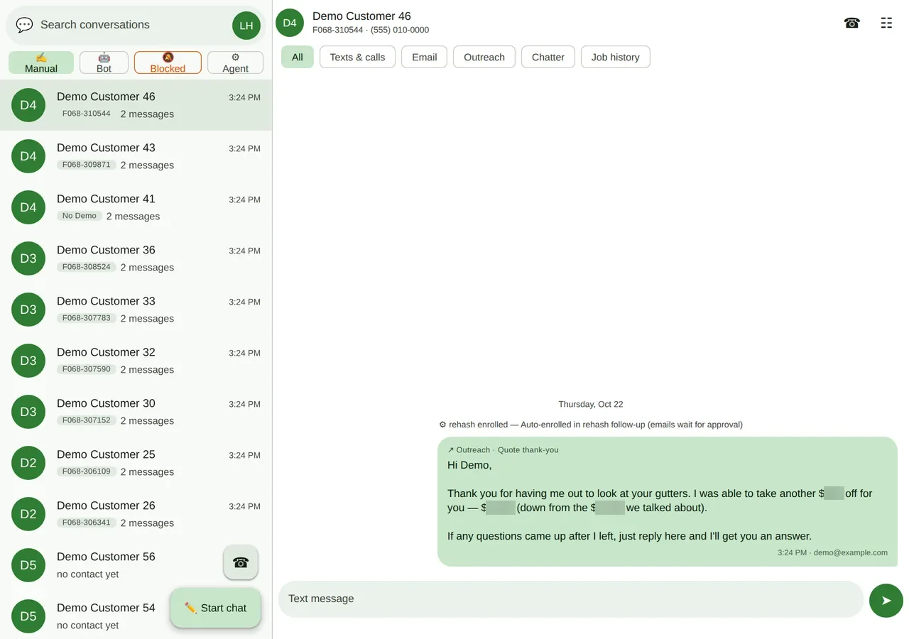 The business-line inbox: every customer listed by job number on the left, and one customer&rsquo;s thread on the right with All, Texts & calls, Email, Outreach, Chatter and Job history tabs and a drafted thank-you.