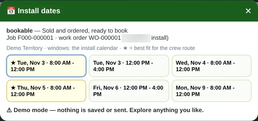 The Install dates picker on a sold job: the open dates Salesforce offers, each with its arrival window, and the preview before booking.