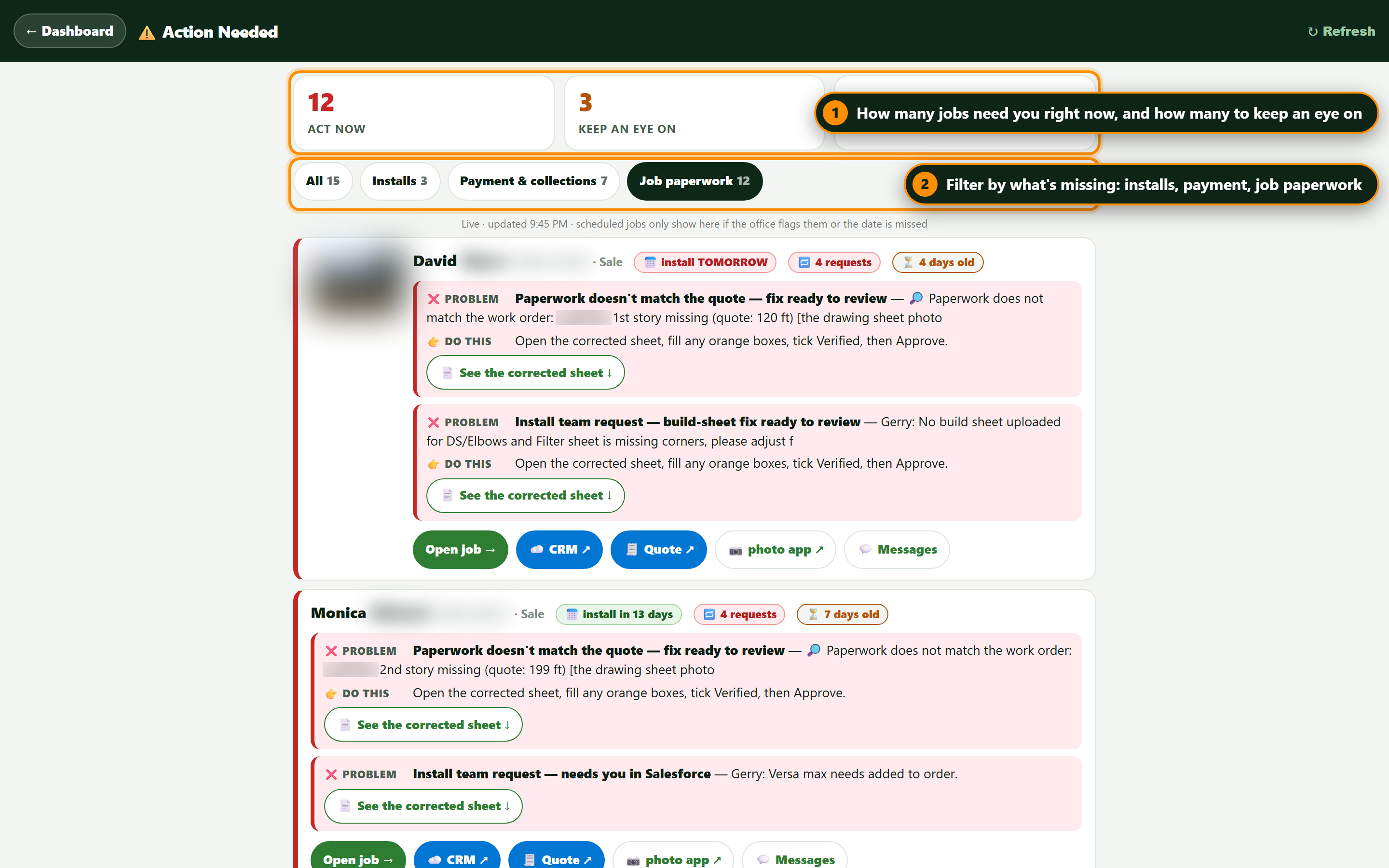 The Action Needed list: counts of jobs to act on, filter chips by what is missing, and each job's missing items with the reason and an Open job button.