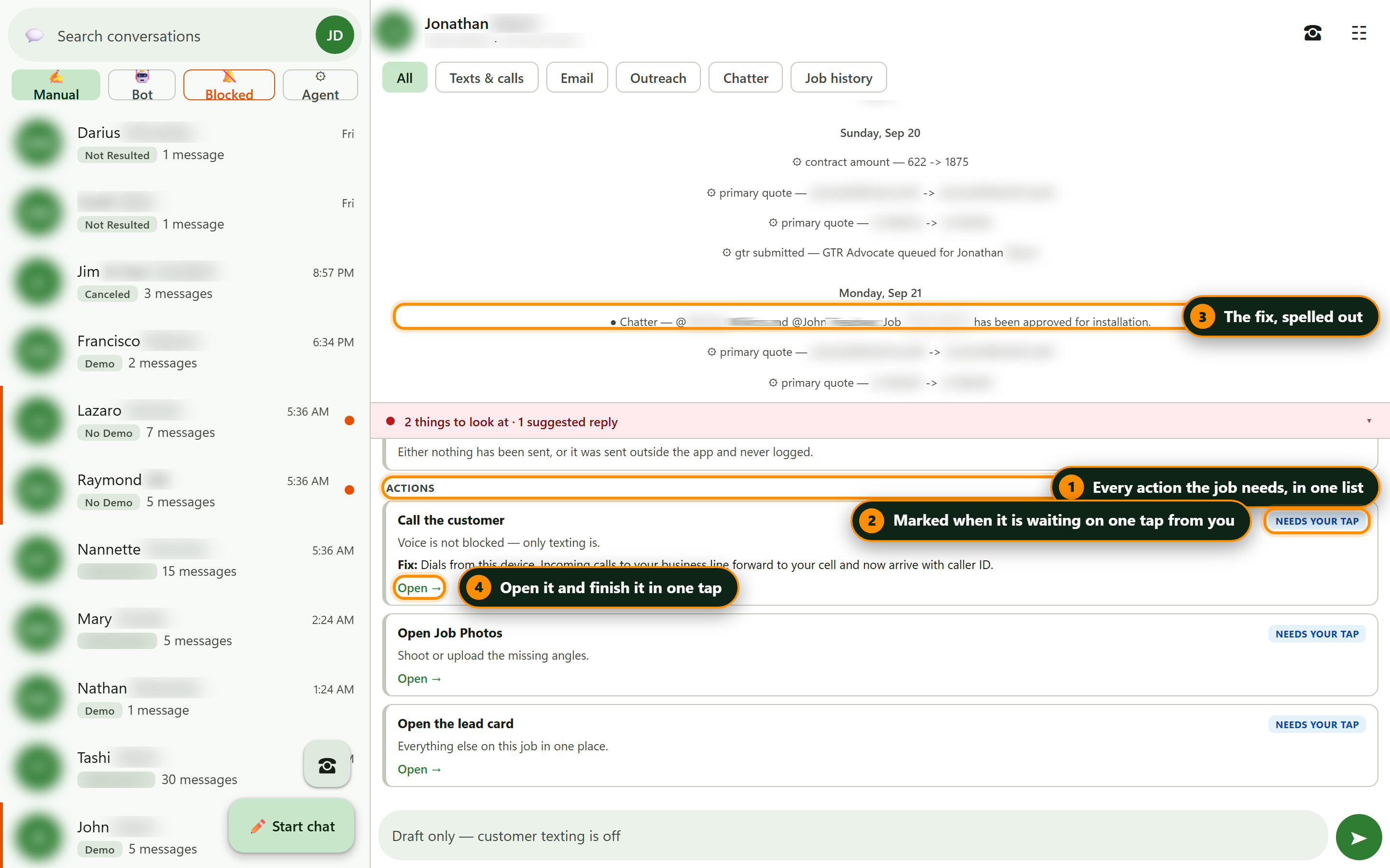 The actions list on a customer: each action with its fix, marked Needs your tap, with an Open link.