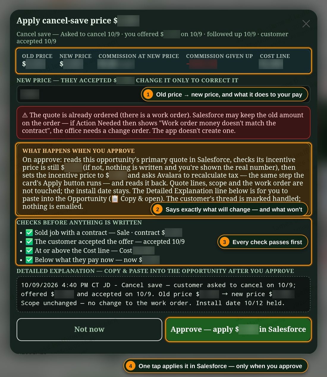 The Apply cancel-save price check: the old and new price, the commission at the new price and the commission given up, what will and will not change, the checks it passed, and the Detailed Explanation line, waiting for Approve.