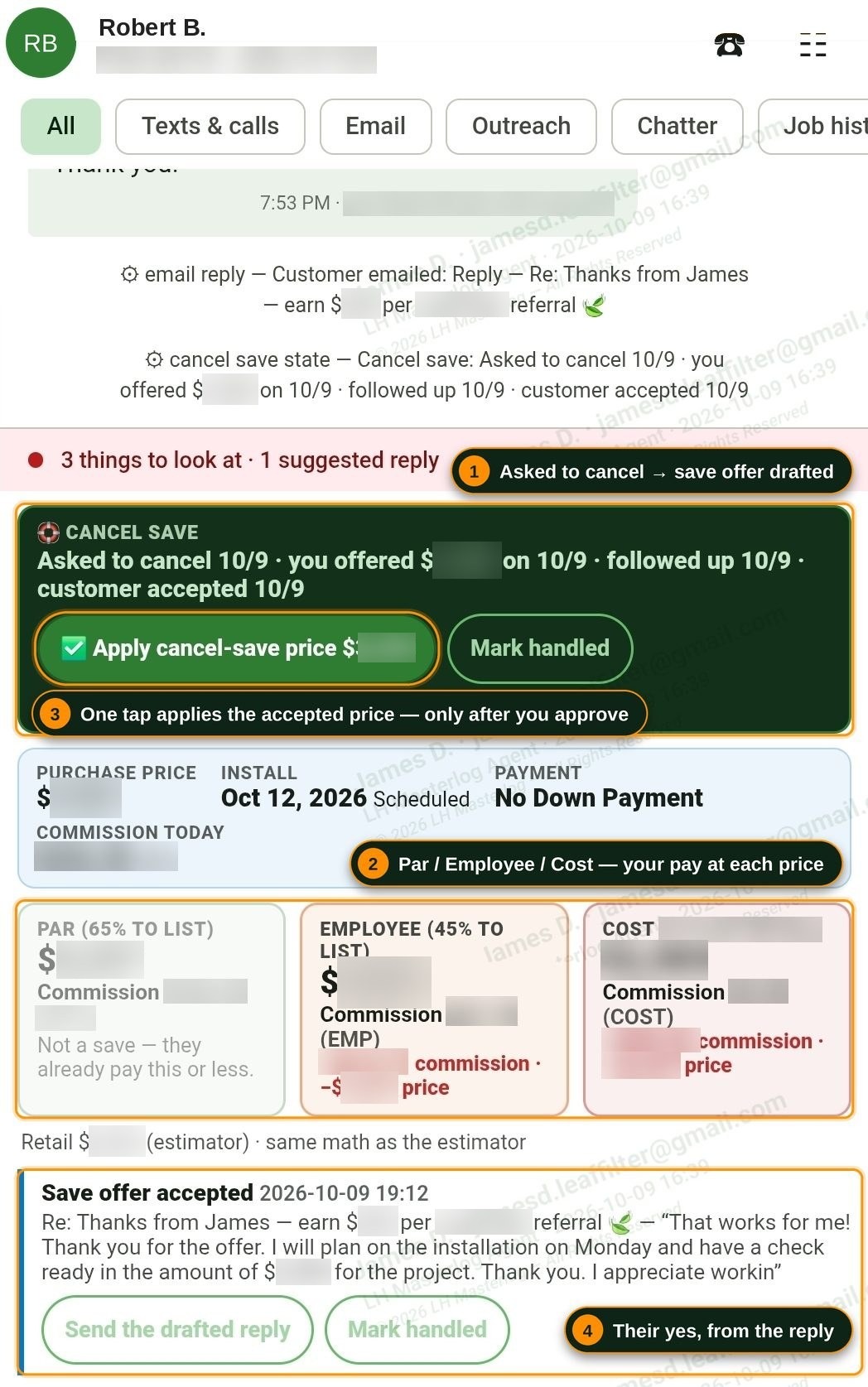 A customer's thread in Communications: the cancel-save block with what they pay now and the job priced at Par, Employee and Cost, the Apply cancel-save price button, and the customer's reply accepting the offer.