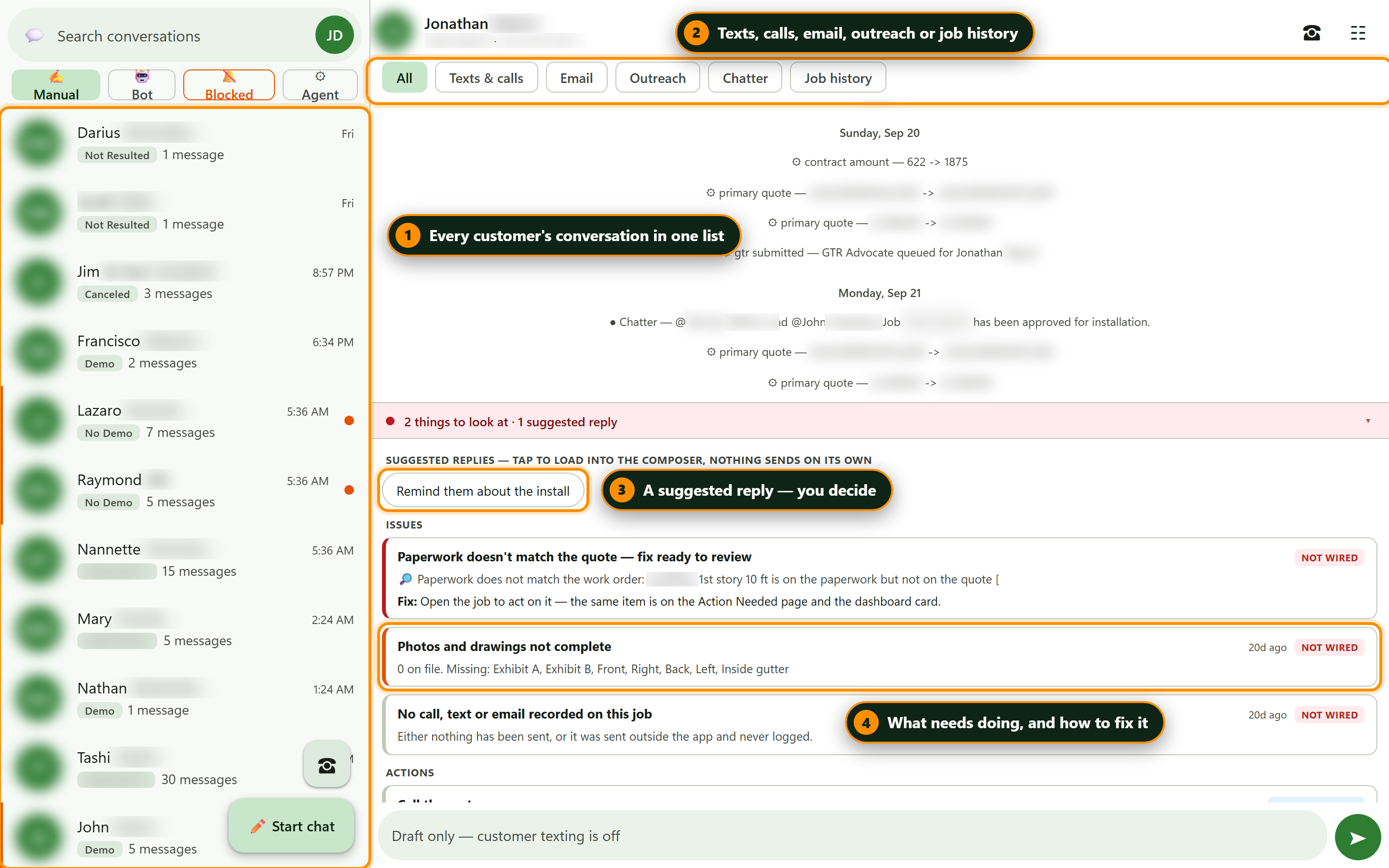 The conversation view: every customer on the left, one thread on the right with a suggested reply and what needs doing.