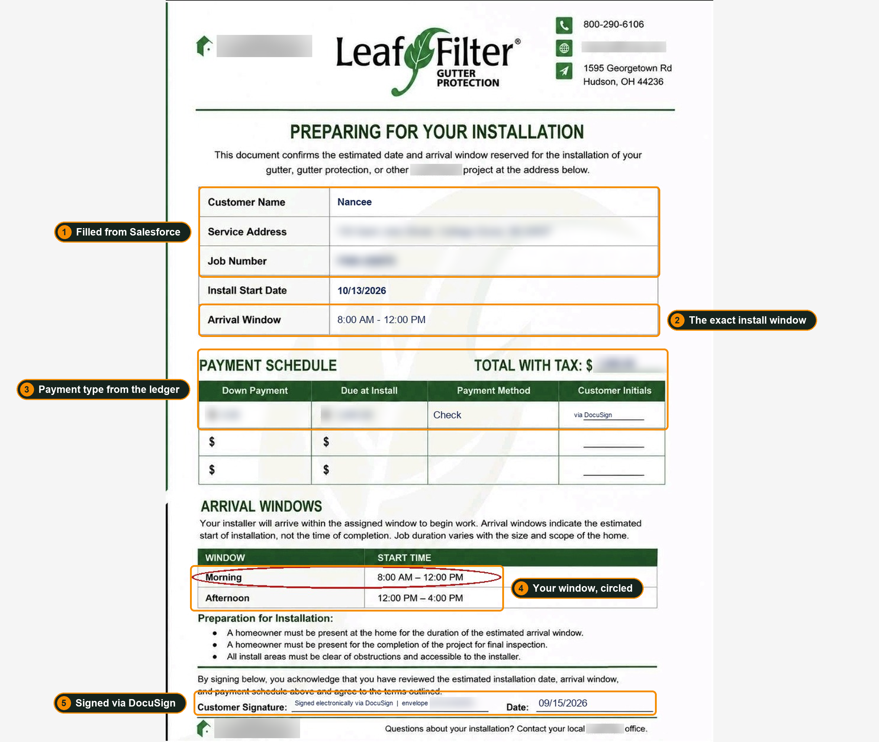 A filled gutter protection Preparing for Your Installation cover sheet with the customer, arrival window, payment method and DocuSign line marked.