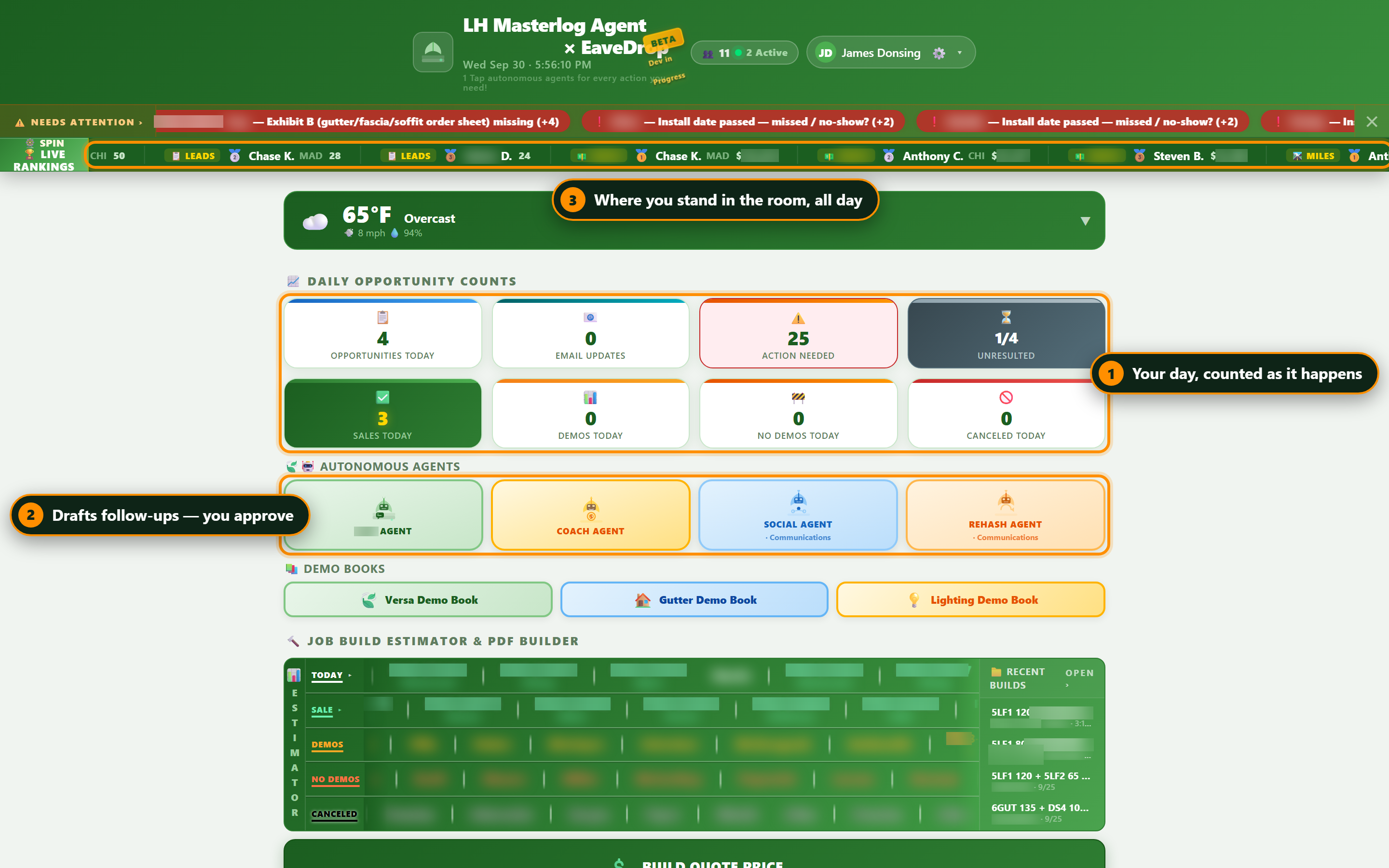 The daily screen: today's opportunity counts, the assistant tiles, and the live rankings strip.