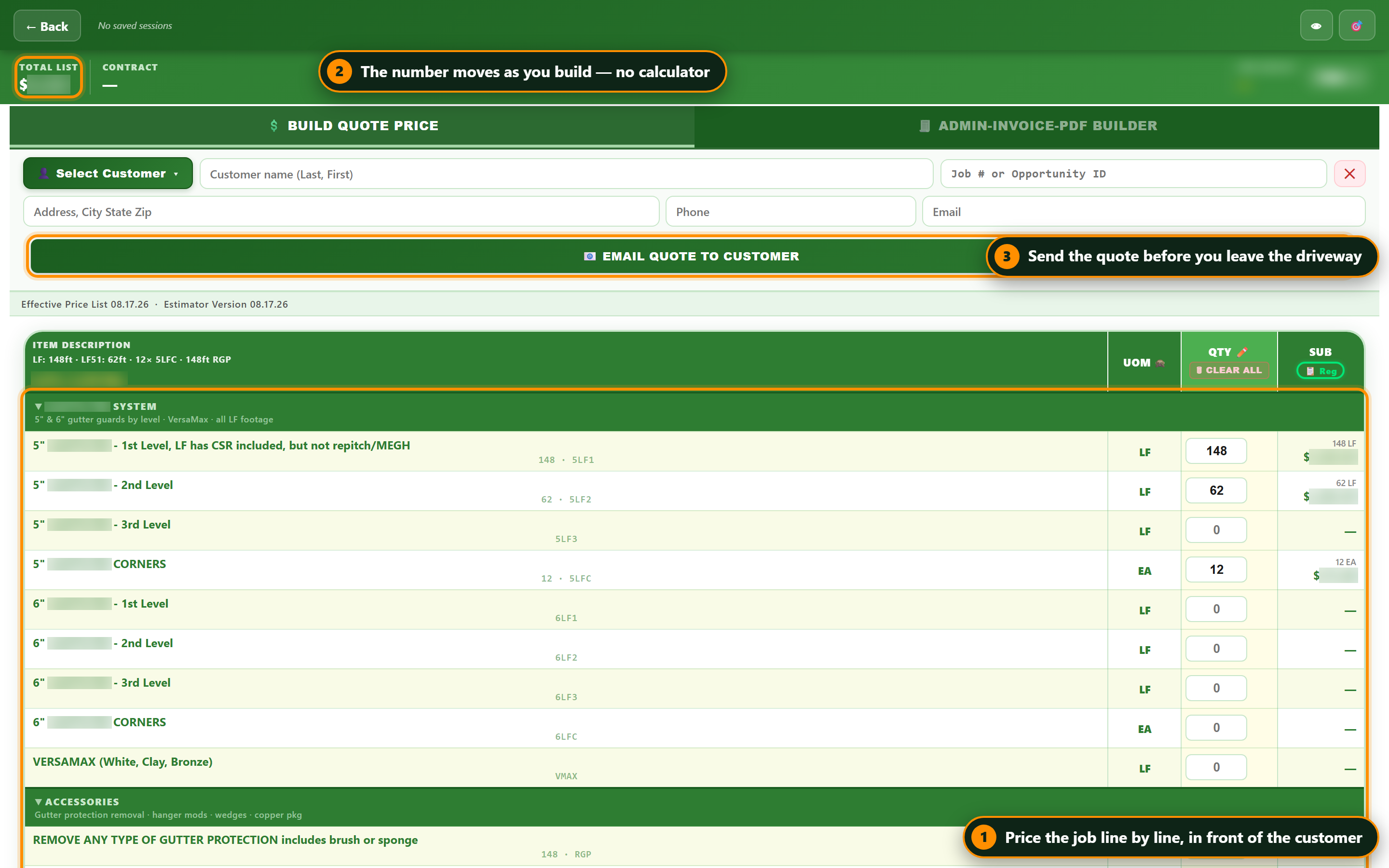The quote builder with line items and quantities on screen and a running total of $•,••• at the top.