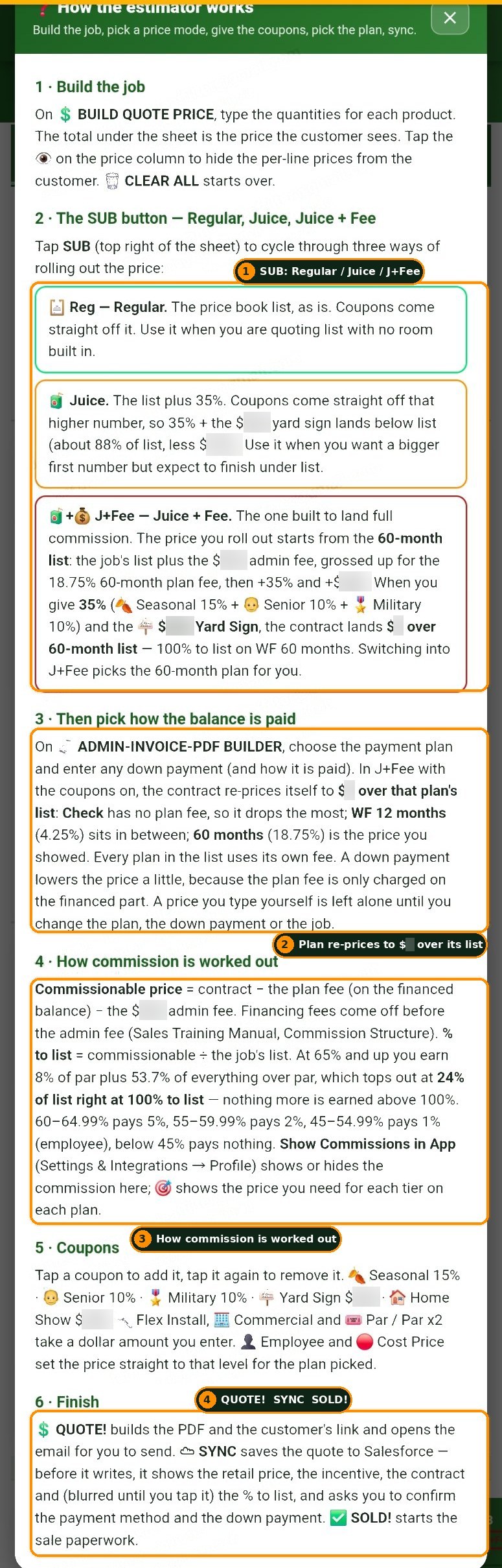 The estimator's How-to: six numbered steps on one screen, from building the job and the SUB button's three price modes, through the payment plan and how commission is worked out, to coupons and the Quote, Sync and Sold buttons.
