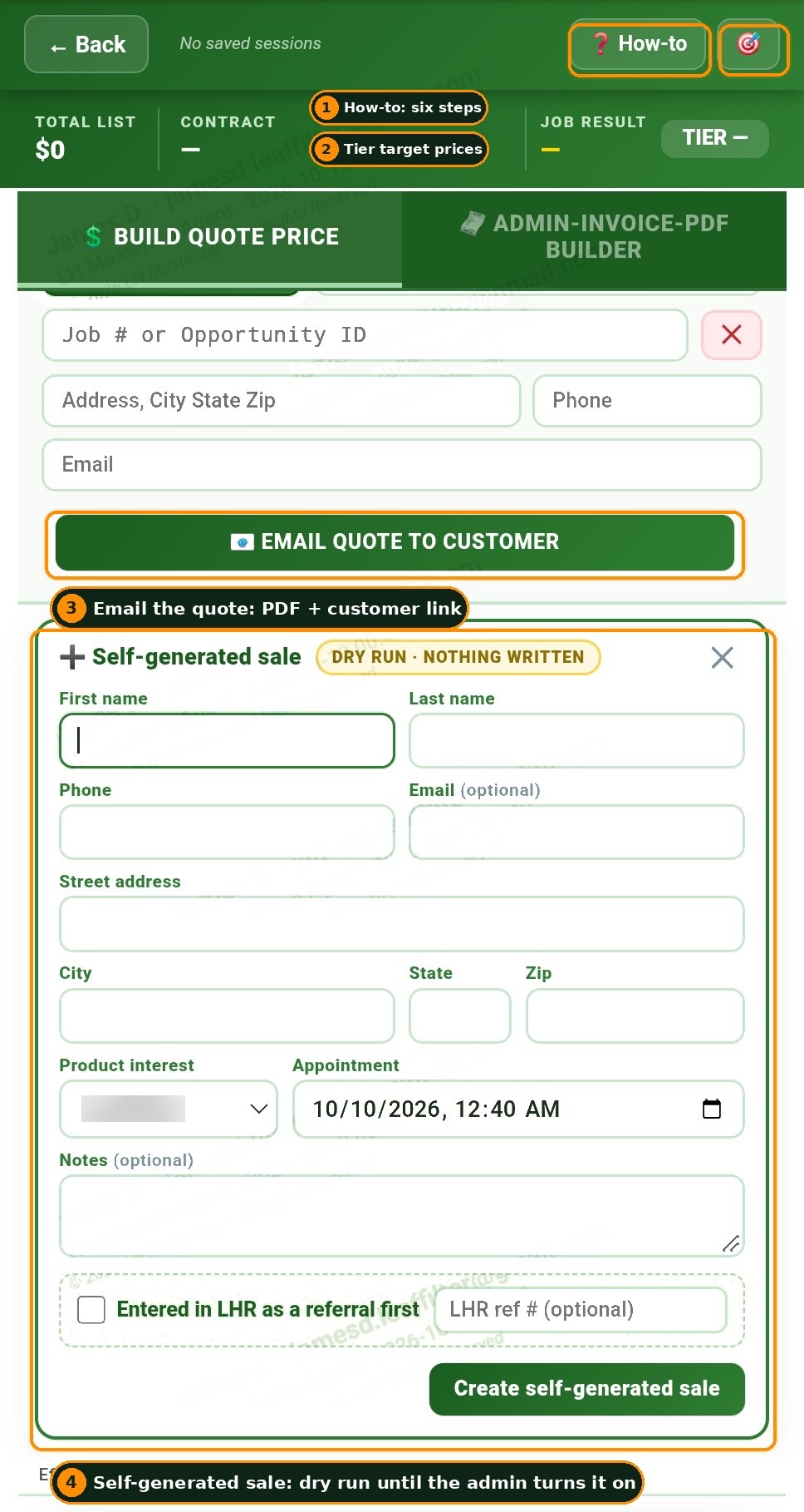 The Build Quote Price tab with the customer fields empty, the Email Quote to Customer button, and the Self-generated sale panel open in its dry-run state with first name, last name, phone, address, product interest, appointment and the Create self-generated sale button.