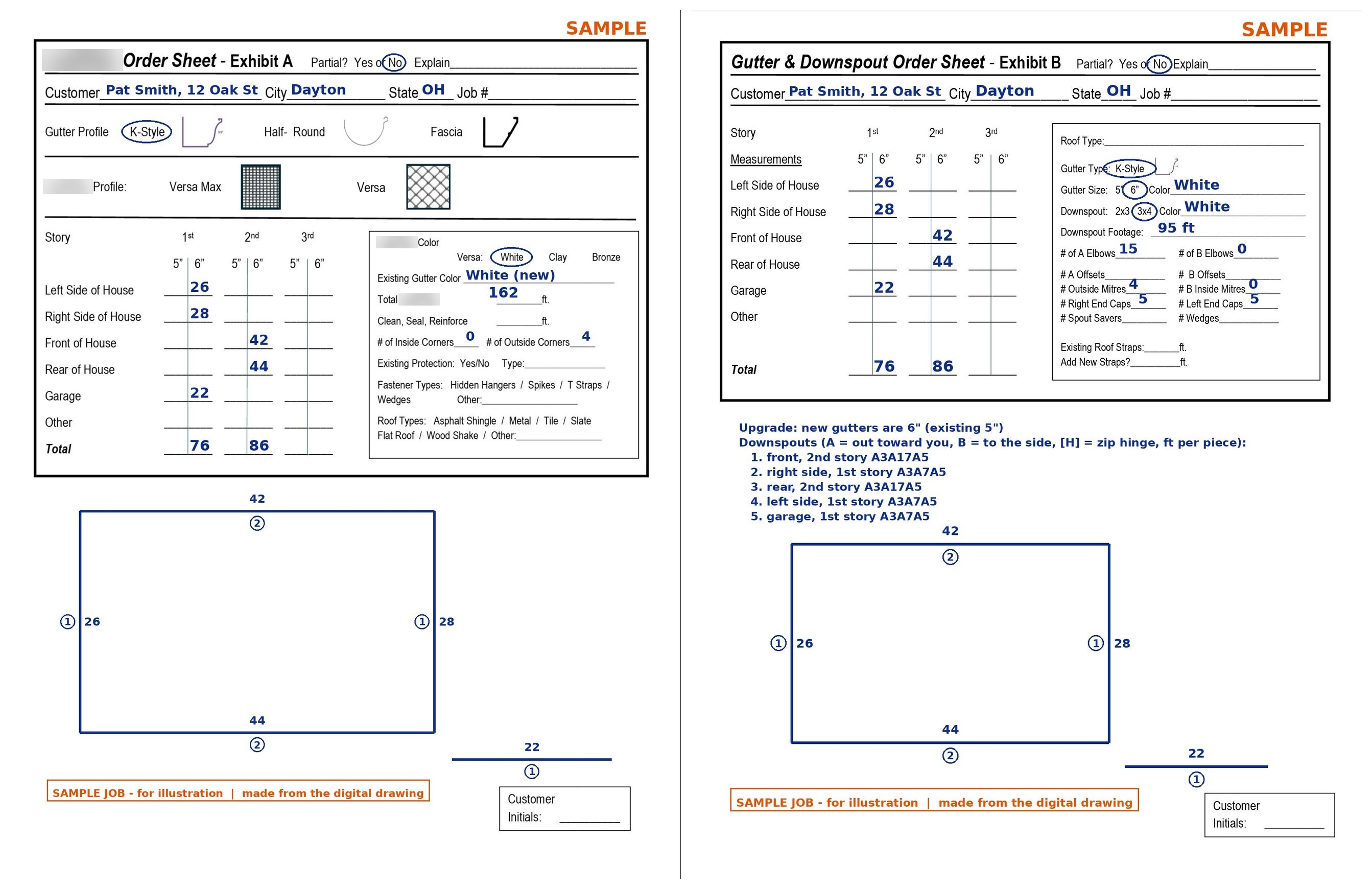 Exhibit A (gutter protection order sheet, left) and Exhibit B (gutter and downspout order sheet, right) filled in for a sample house: feet per side and story, colors, corners, downspout footage, elbows, miters, end caps, the downspout codes and the sketch.