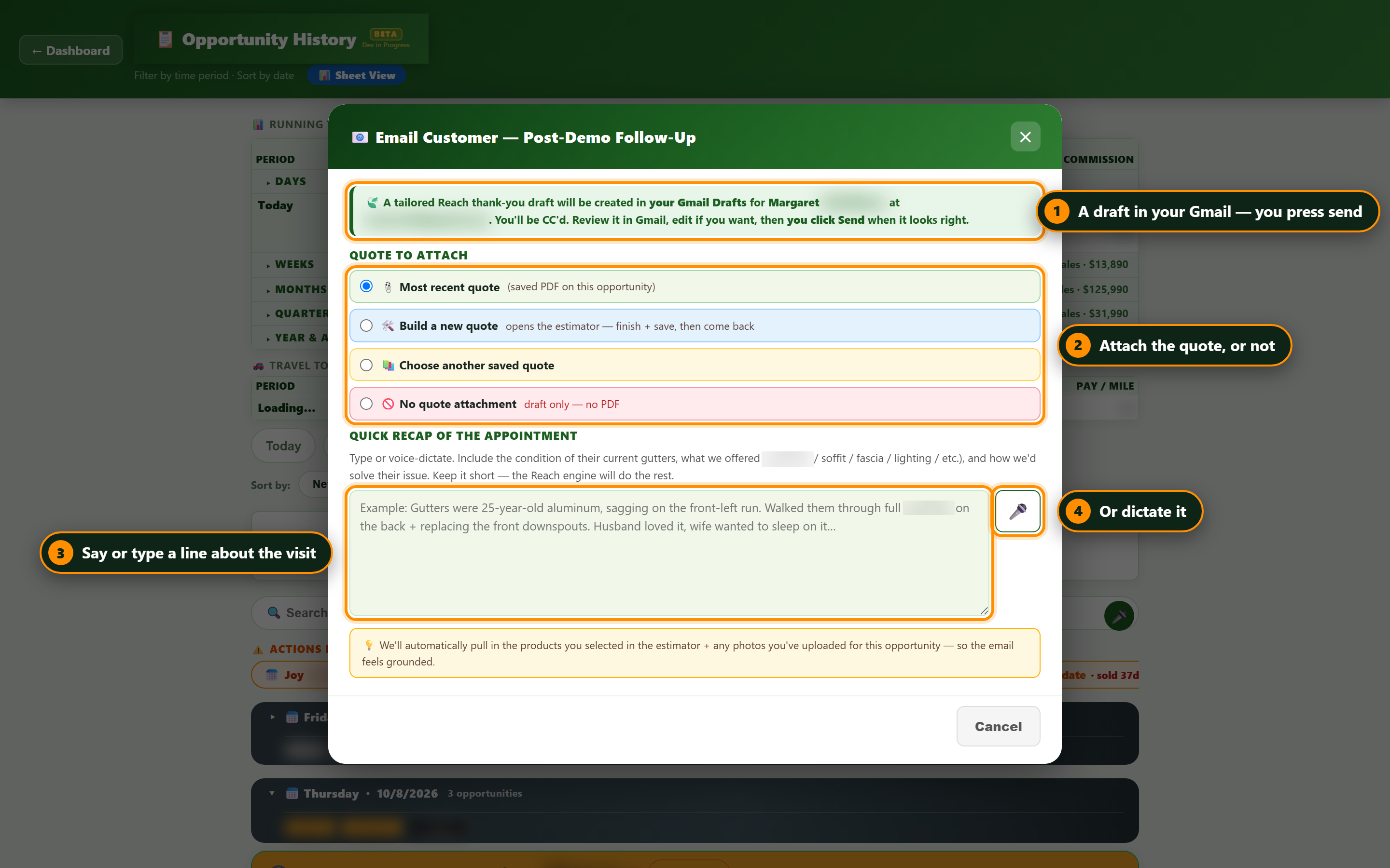 The follow-up email window: quote attachment, a recap box and the create-draft button.