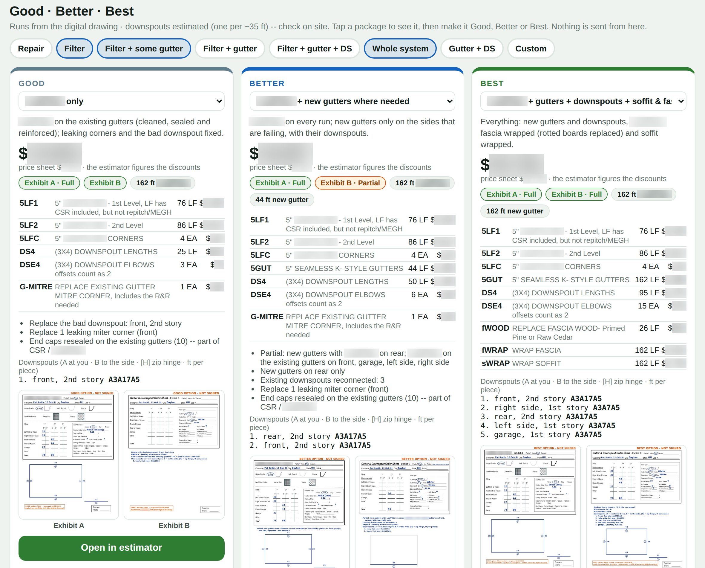 Good, Better and Best options side by side, each with its price, lines, downspout codes and Exhibit A and B.
