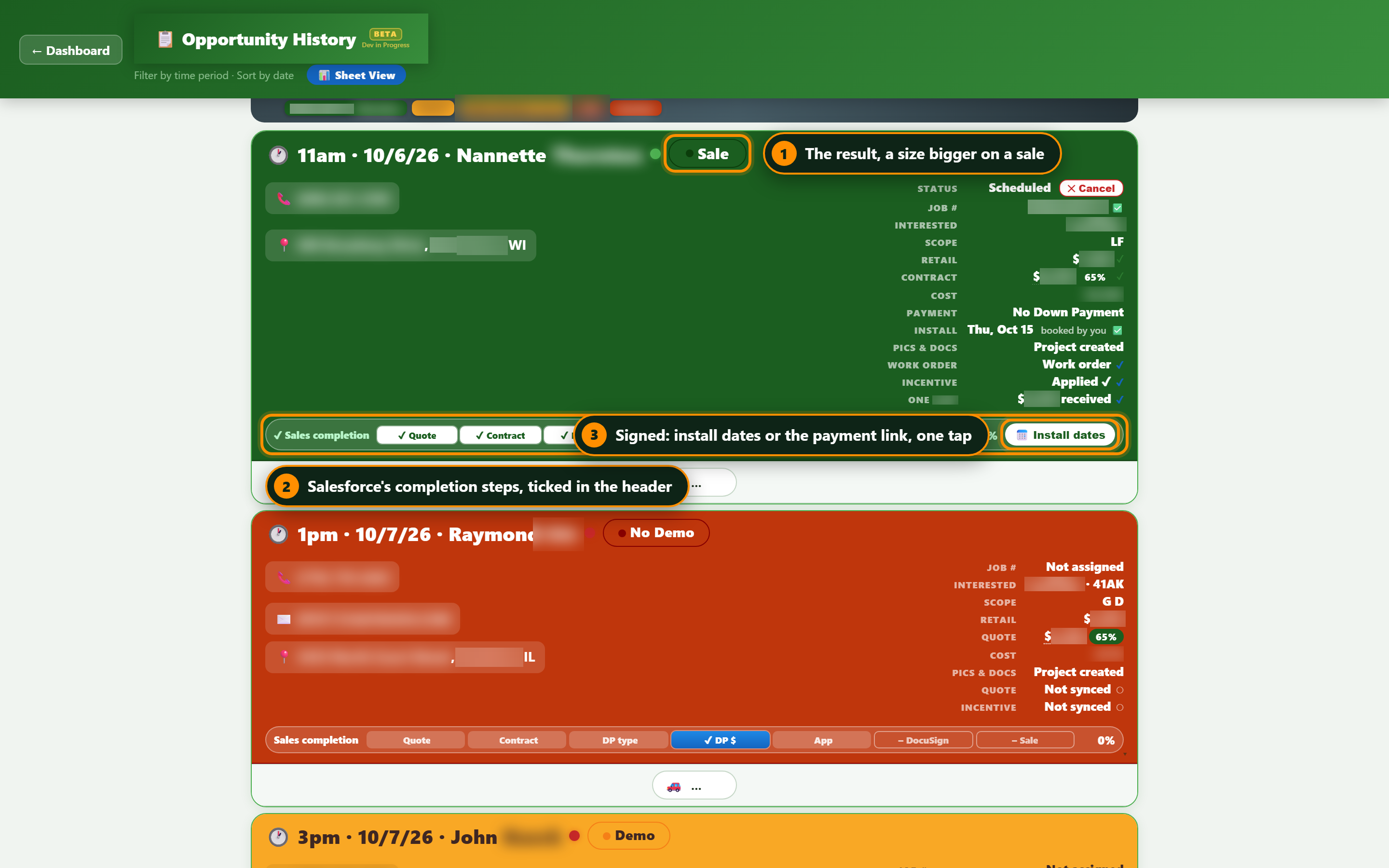 A sold job's card header in green, with the large Sale result pill and the sales completion bar inside the header, one segment per checklist step.