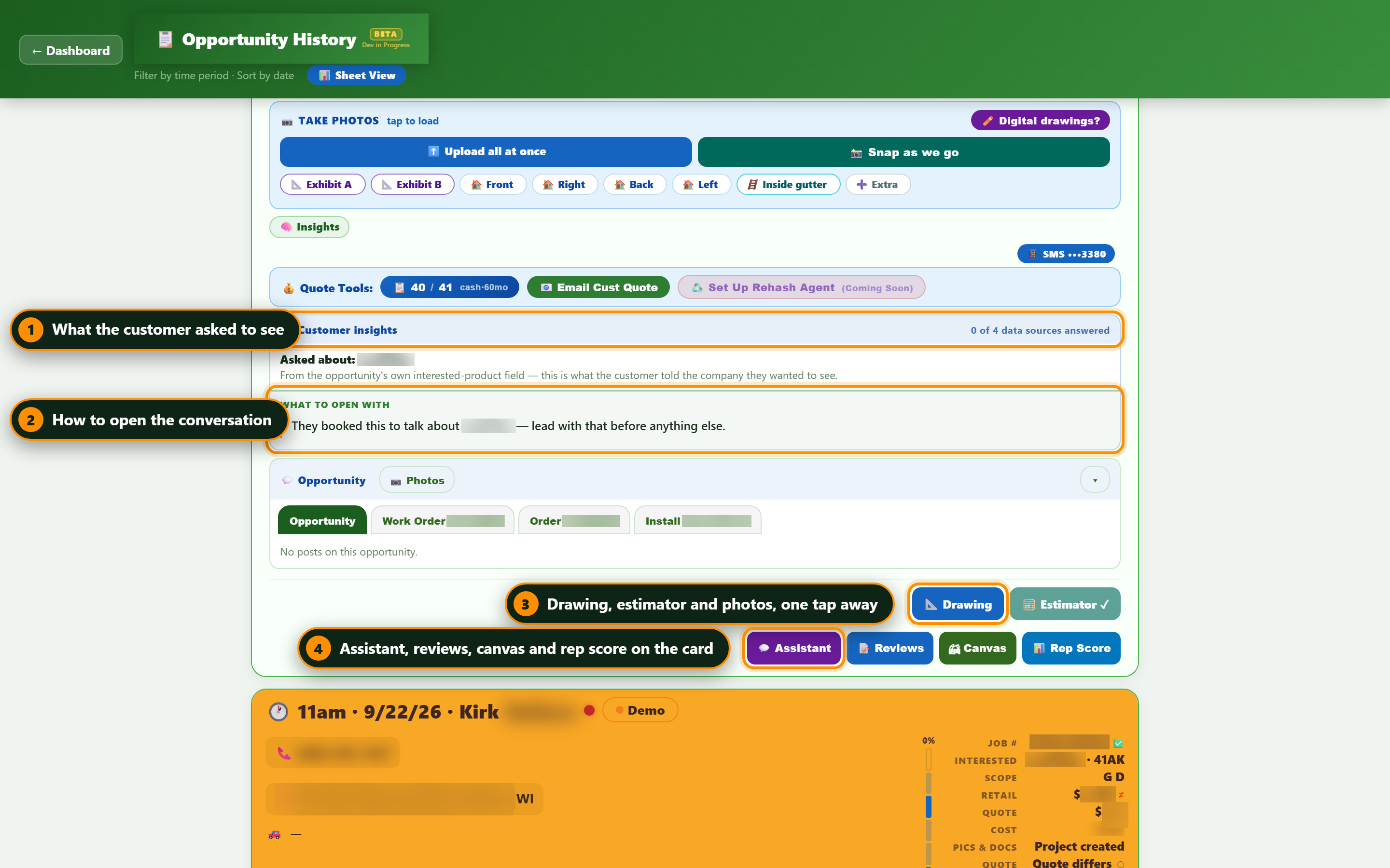 A customer card with the insights panel open and the job tools underneath.