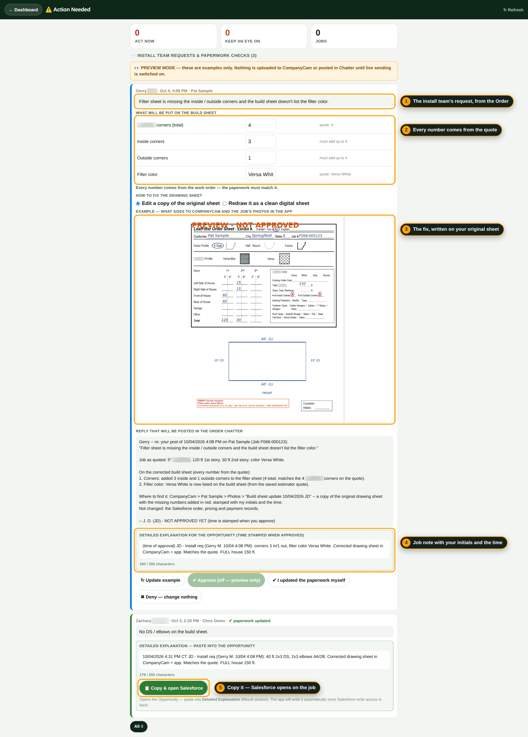 An install-team request on Action Needed with the corrected sheet, the reply and the Detailed Explanation note.