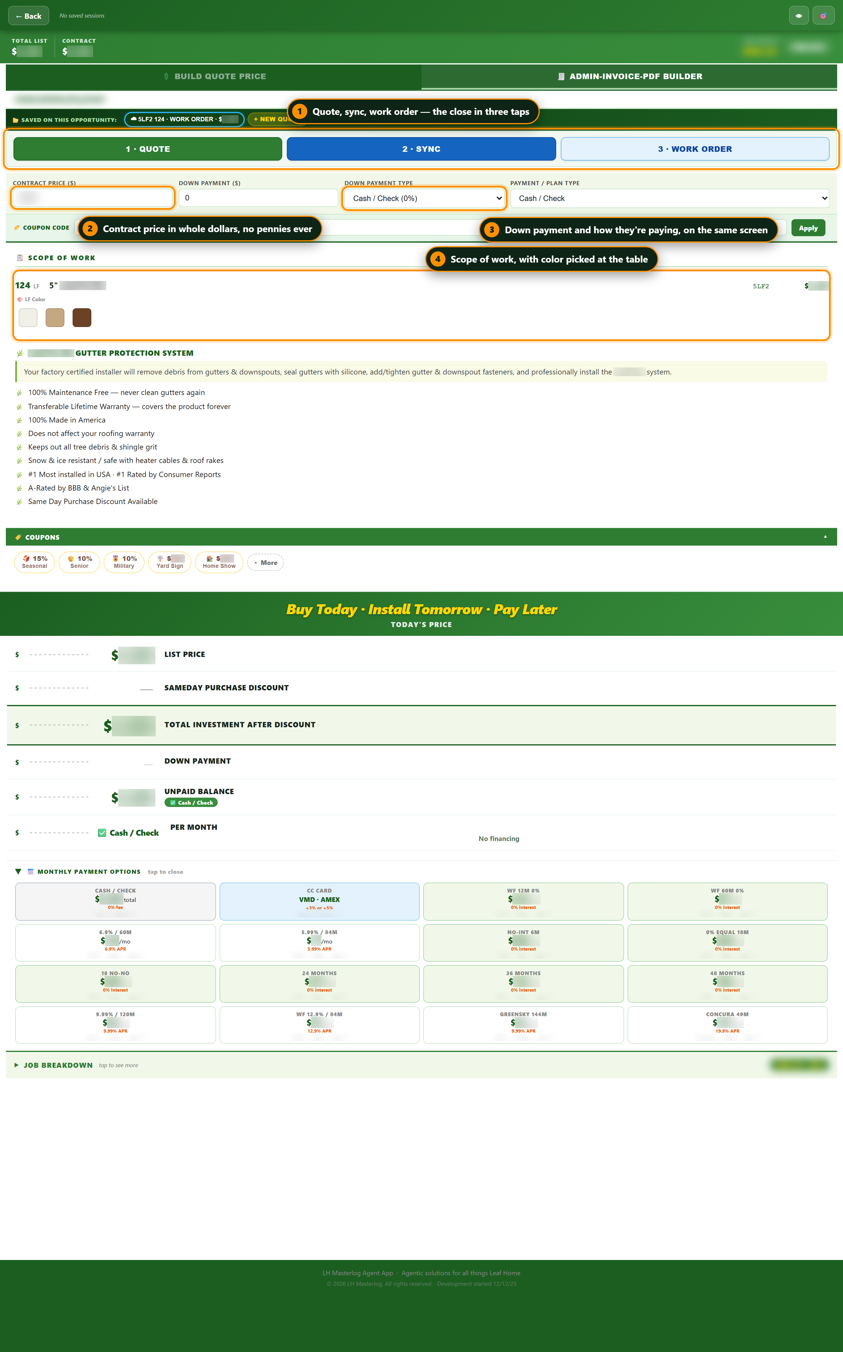 The invoice page: the Quote, Sync and Work Order buttons across the top, contract price, down payment and payment type, and the scope of work with color pickers.