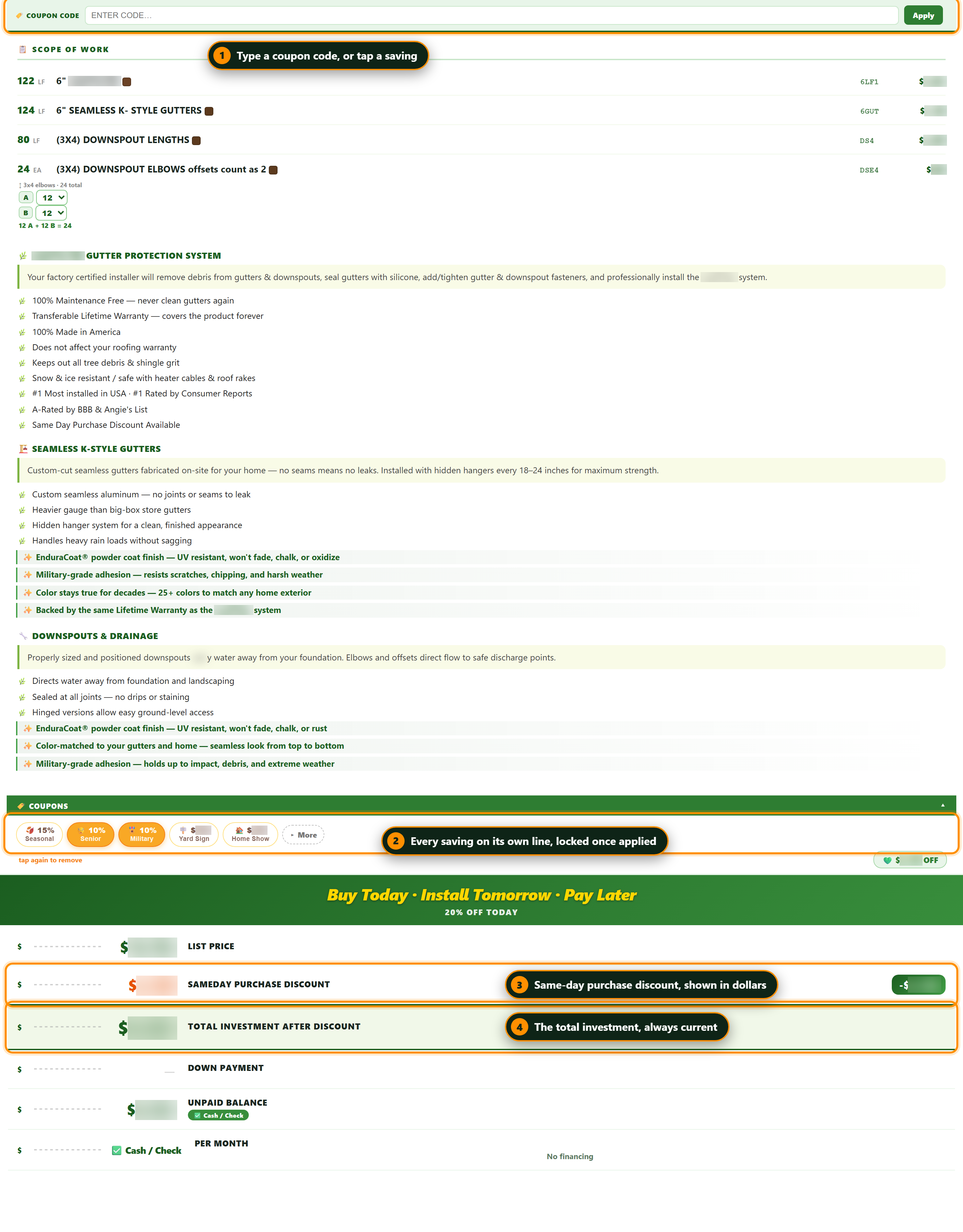 The invoice page savings area: the coupon code bar, the coupon buttons, each saving listed on its own line, the same-day purchase discount, and the total investment.