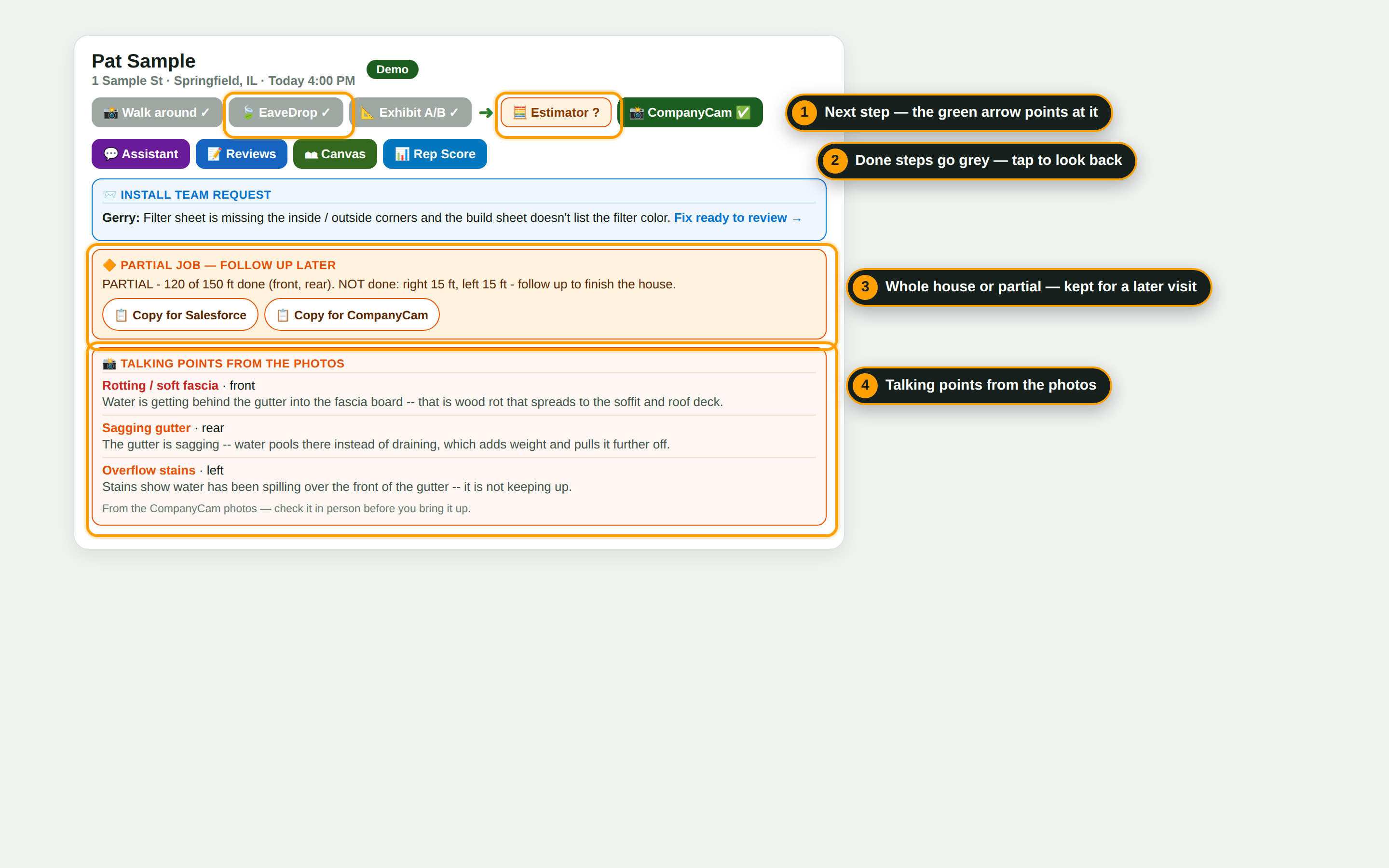 A customer card with the estimate steps, a partial-job note with copy buttons, and talking points from the photos.