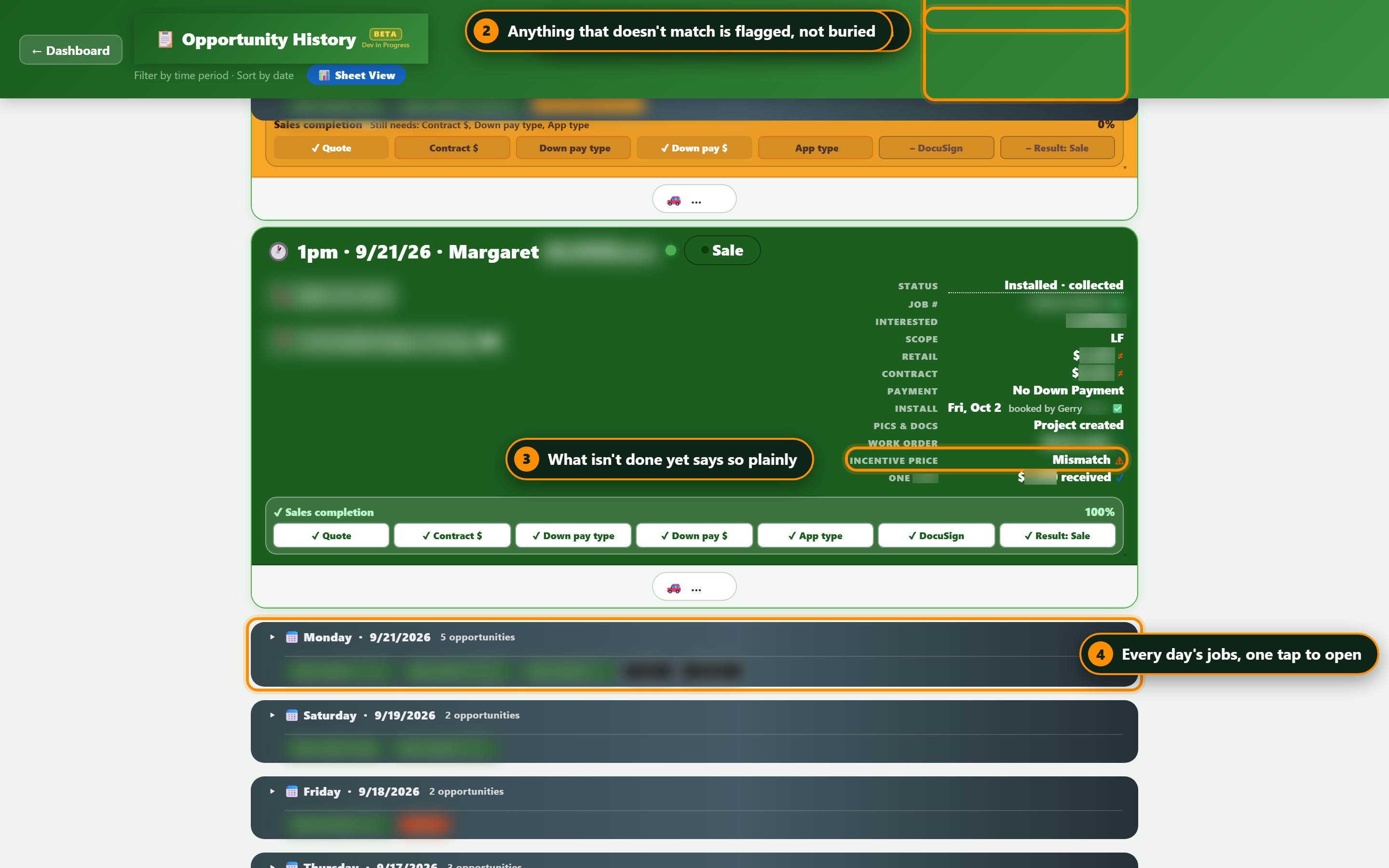 The customer list with each job's status column, the flagged differences and the day groups.