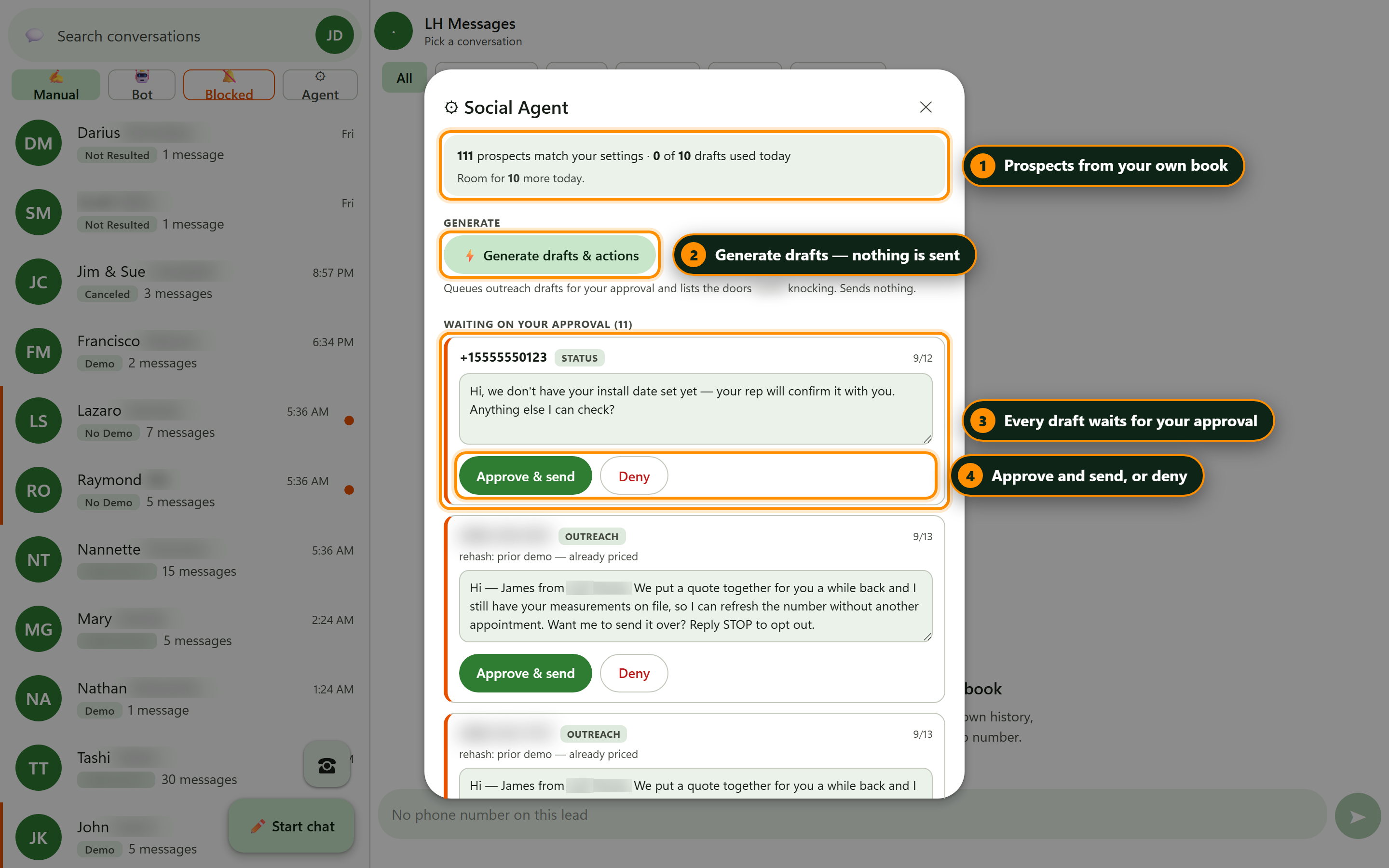 The Generate drafts and actions panel on the Communications page: how many prospects match your settings, the Generate drafts and actions button, and drafts waiting for approval with Approve and send or Deny.