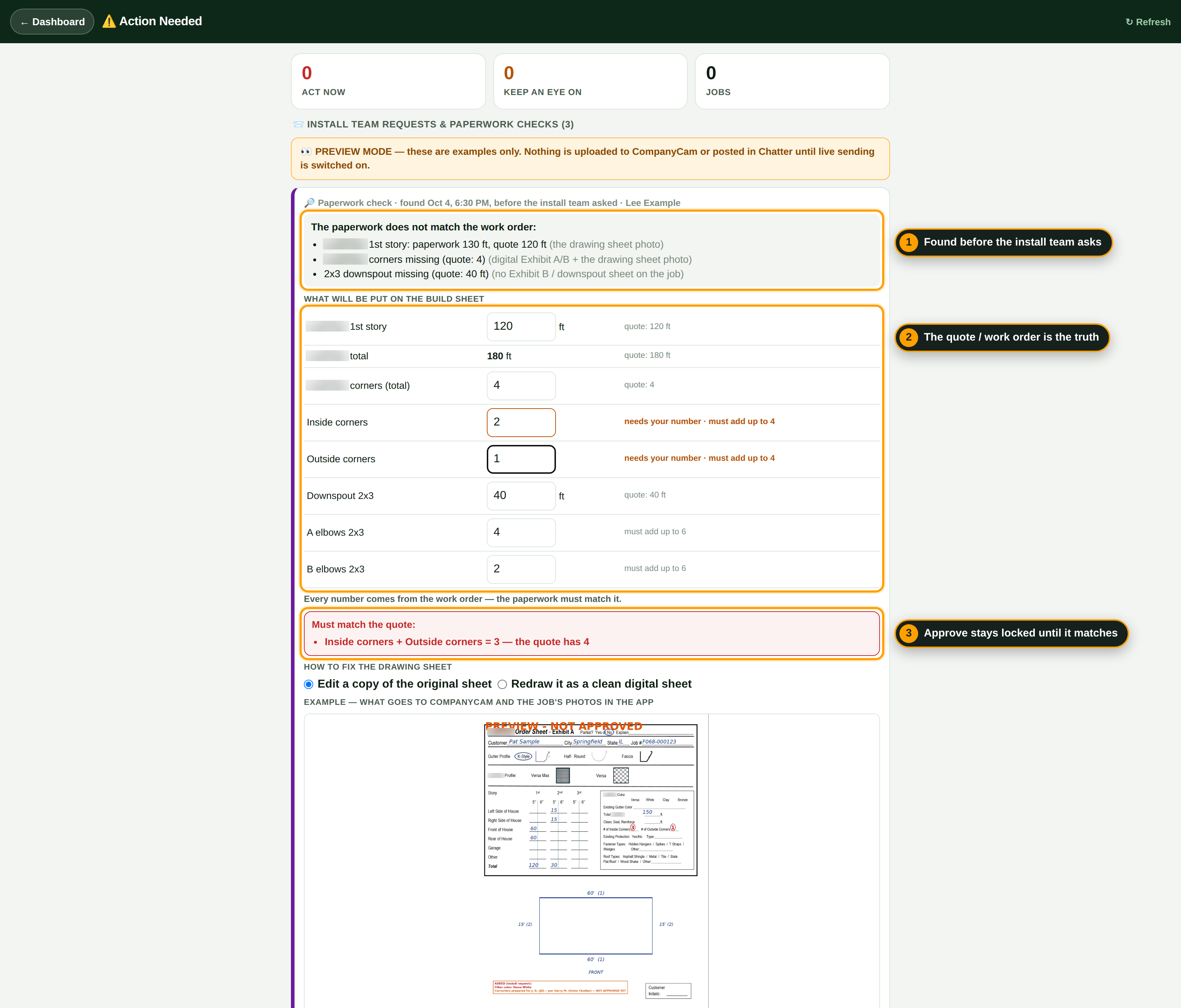 An Action Needed paperwork check listing what does not match the work order, with the fix and a must-match warning.