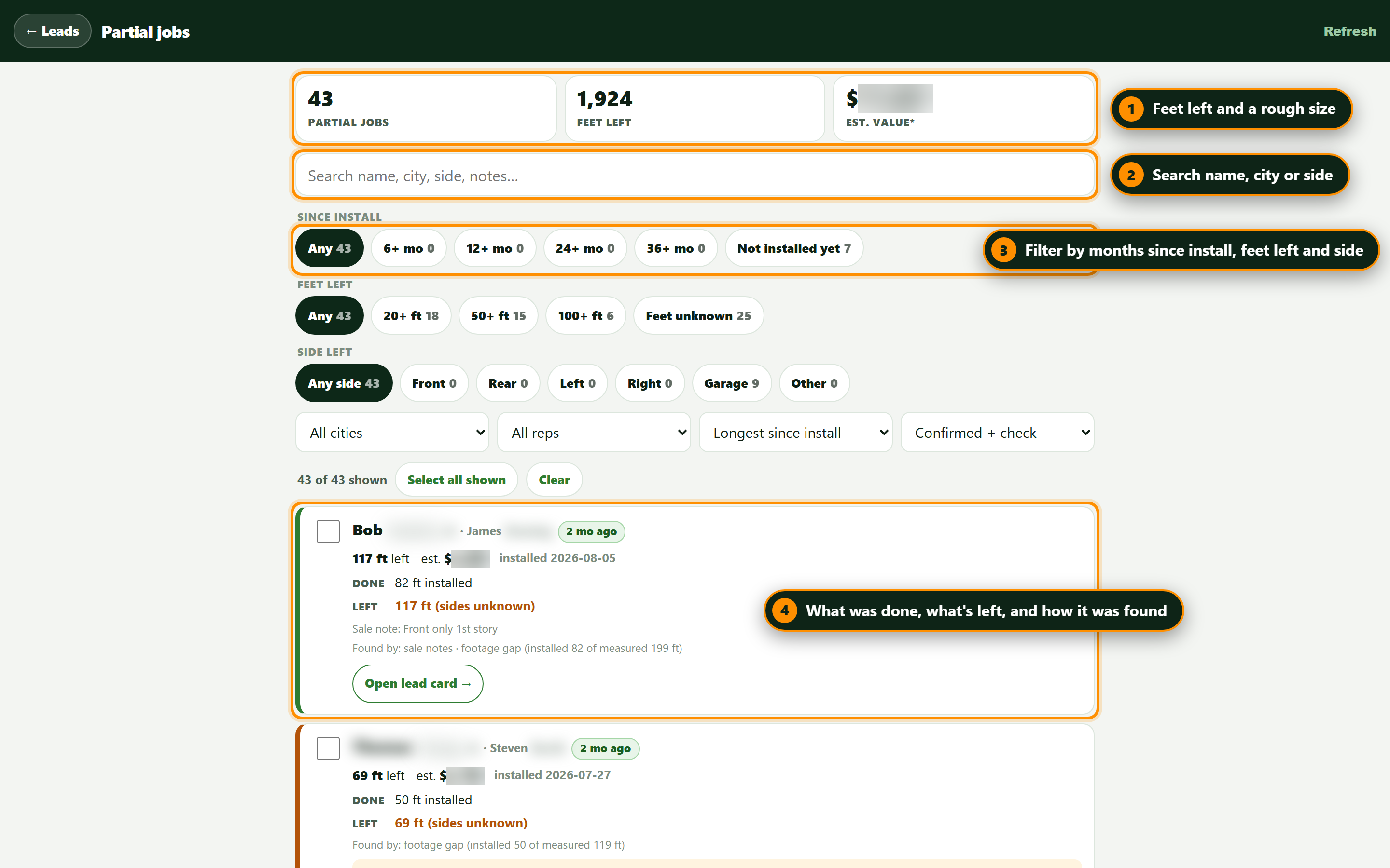 The Partial jobs page: every partial job with the sides and feet left, the filters by months since install and feet left, and the Draft finish-the-house messages button.