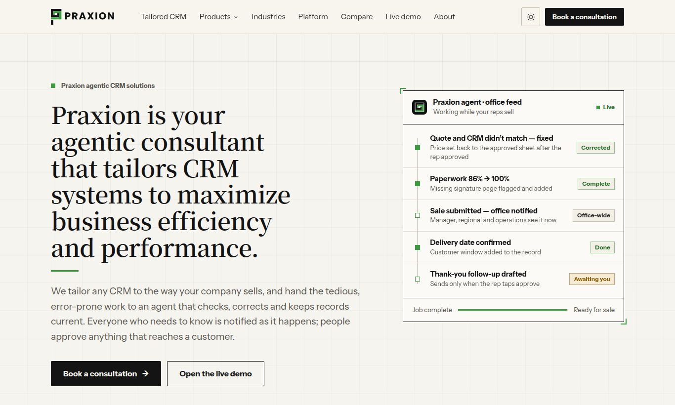 The Praxion Agentic CRM Solutions website home page