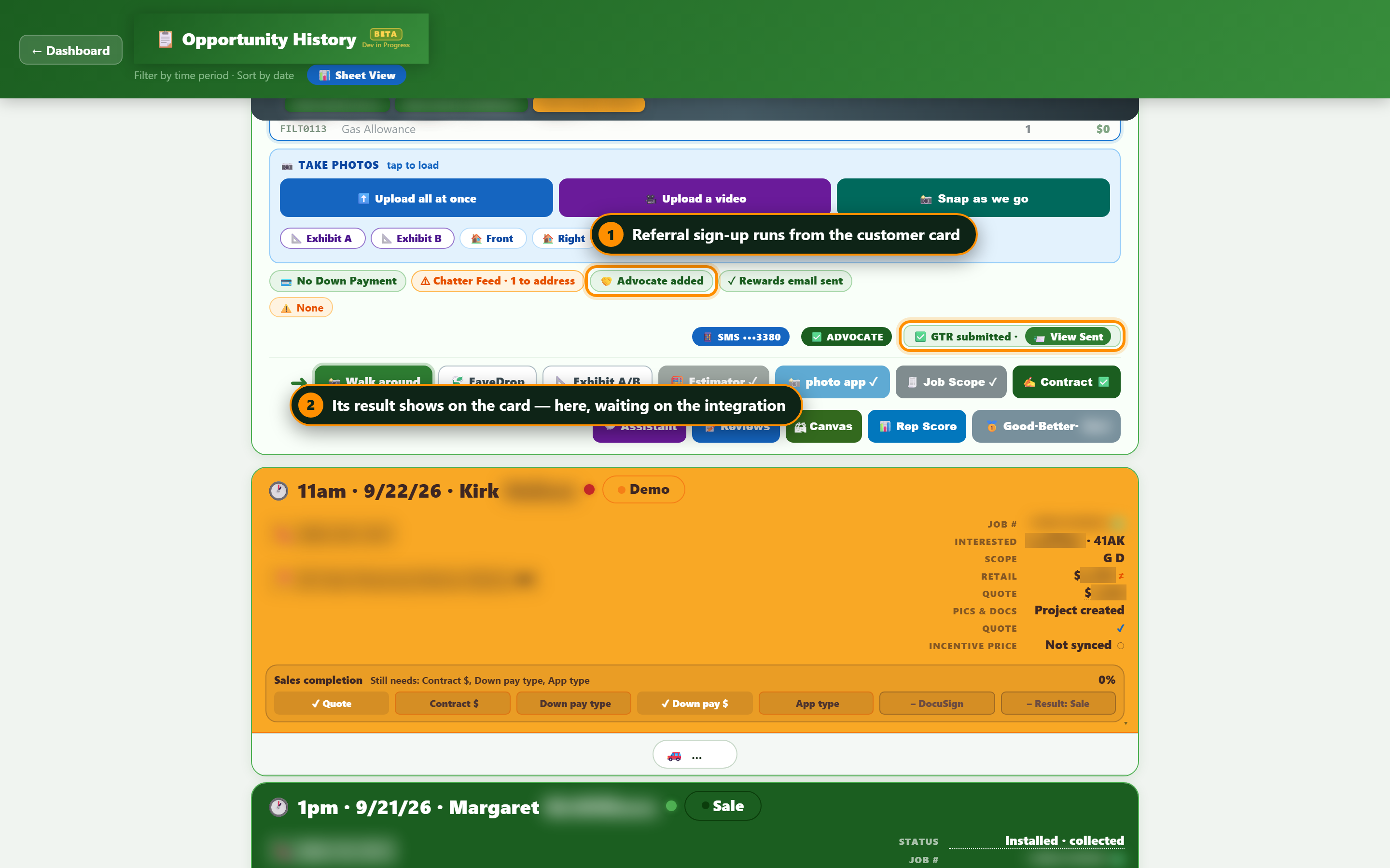 A customer card showing the referral sign-up status next to the job tools.