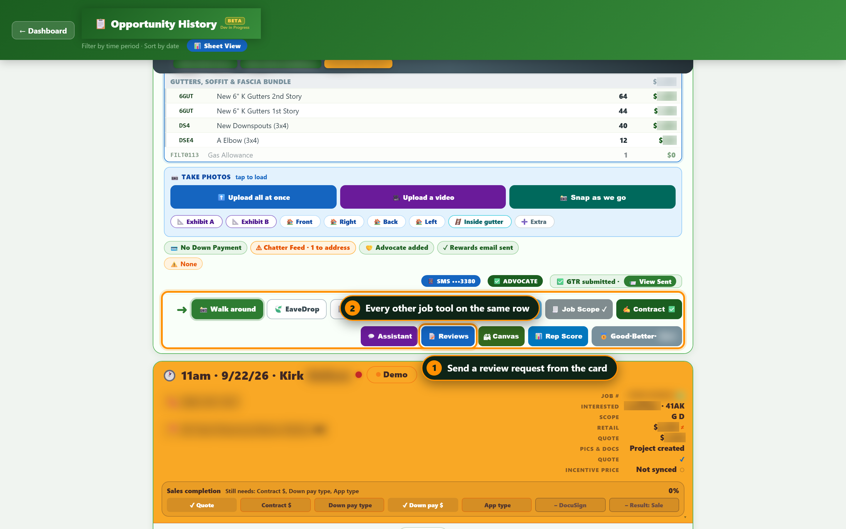 A customer card with the Reviews button on the job tools row.