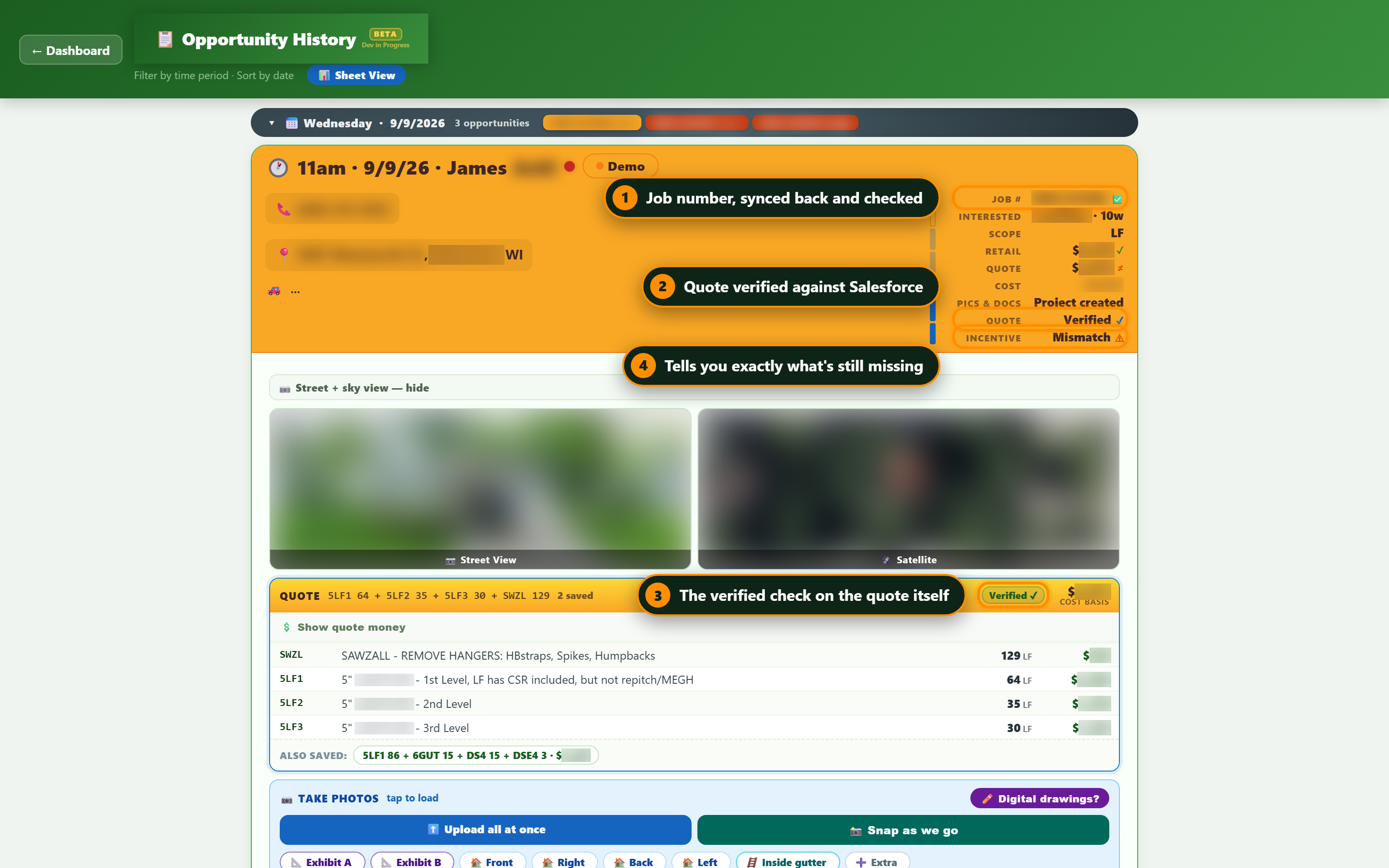 A customer card showing the Salesforce link, the verified quote and what is still to sync.