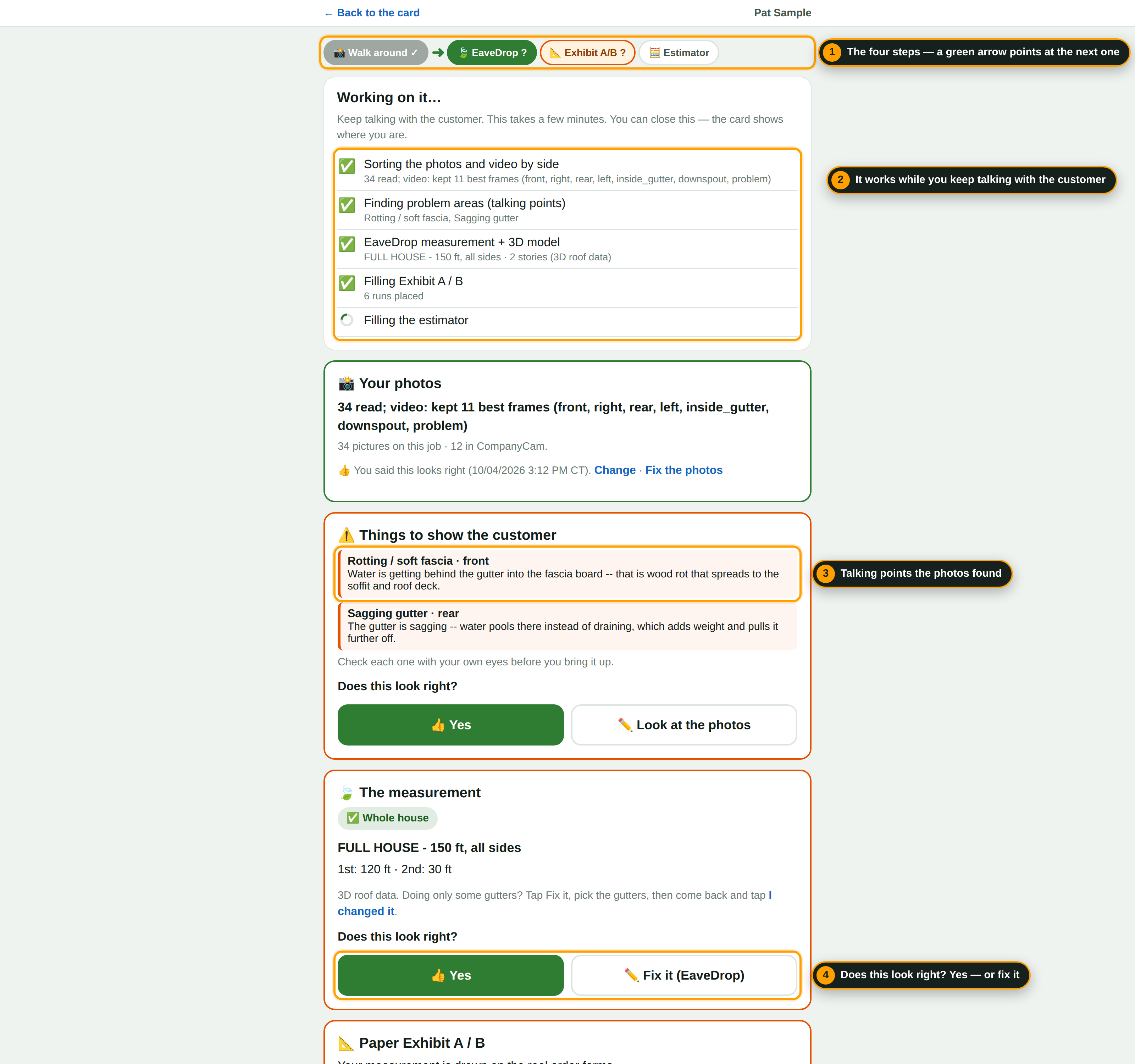 The Start estimate progress list with Does this look right? questions and the step buttons.