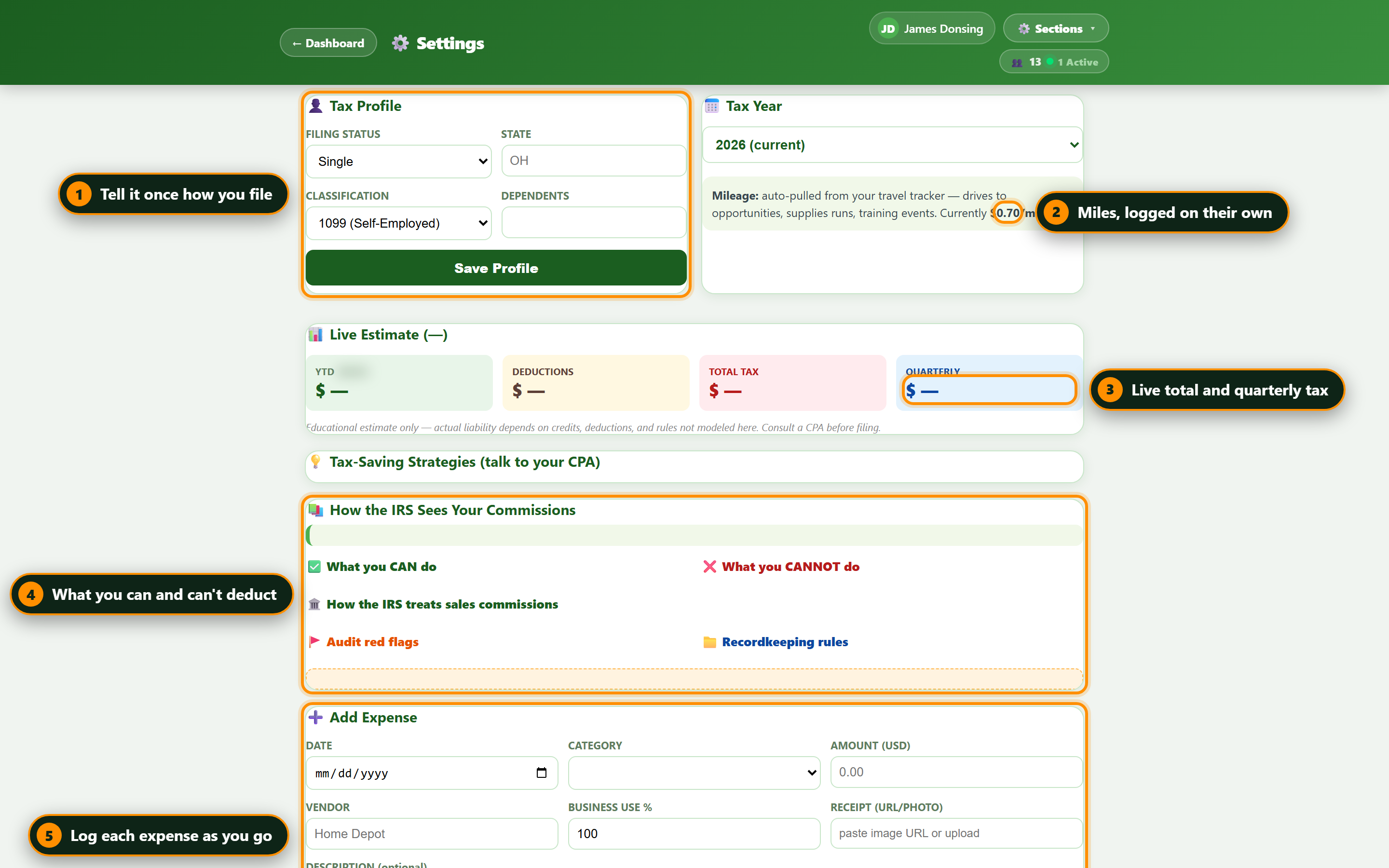 The Tax page in Settings: miles and the mileage write-off, expenses by category, and the running estimate, with the amounts blanked.