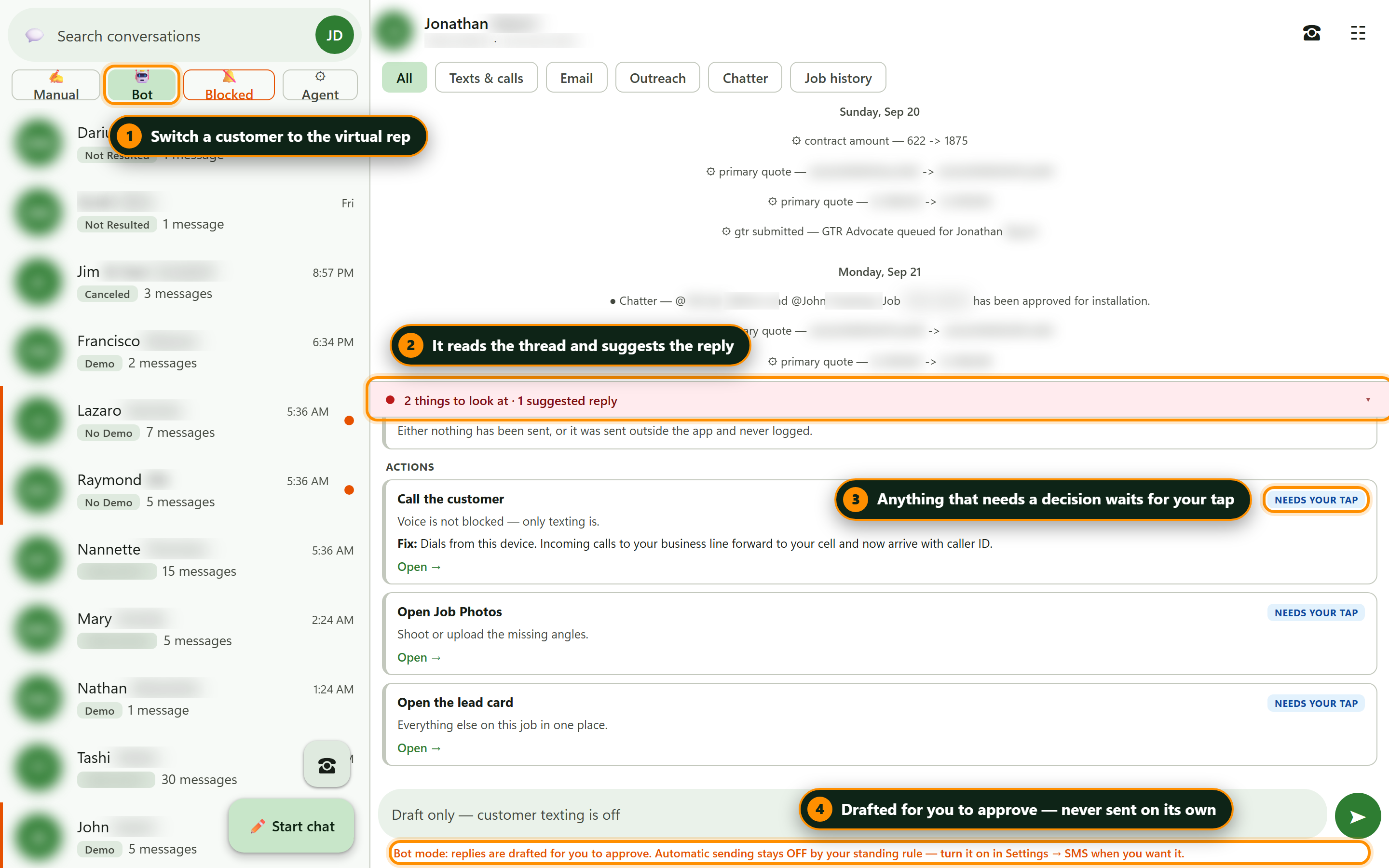A customer conversation in Bot mode with a suggested reply and actions waiting for approval.